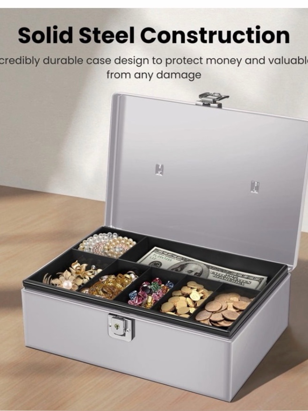 Metal Cash Box with 7-Compartment Money Tray, Silver, 11x7.7x3.5 vintage